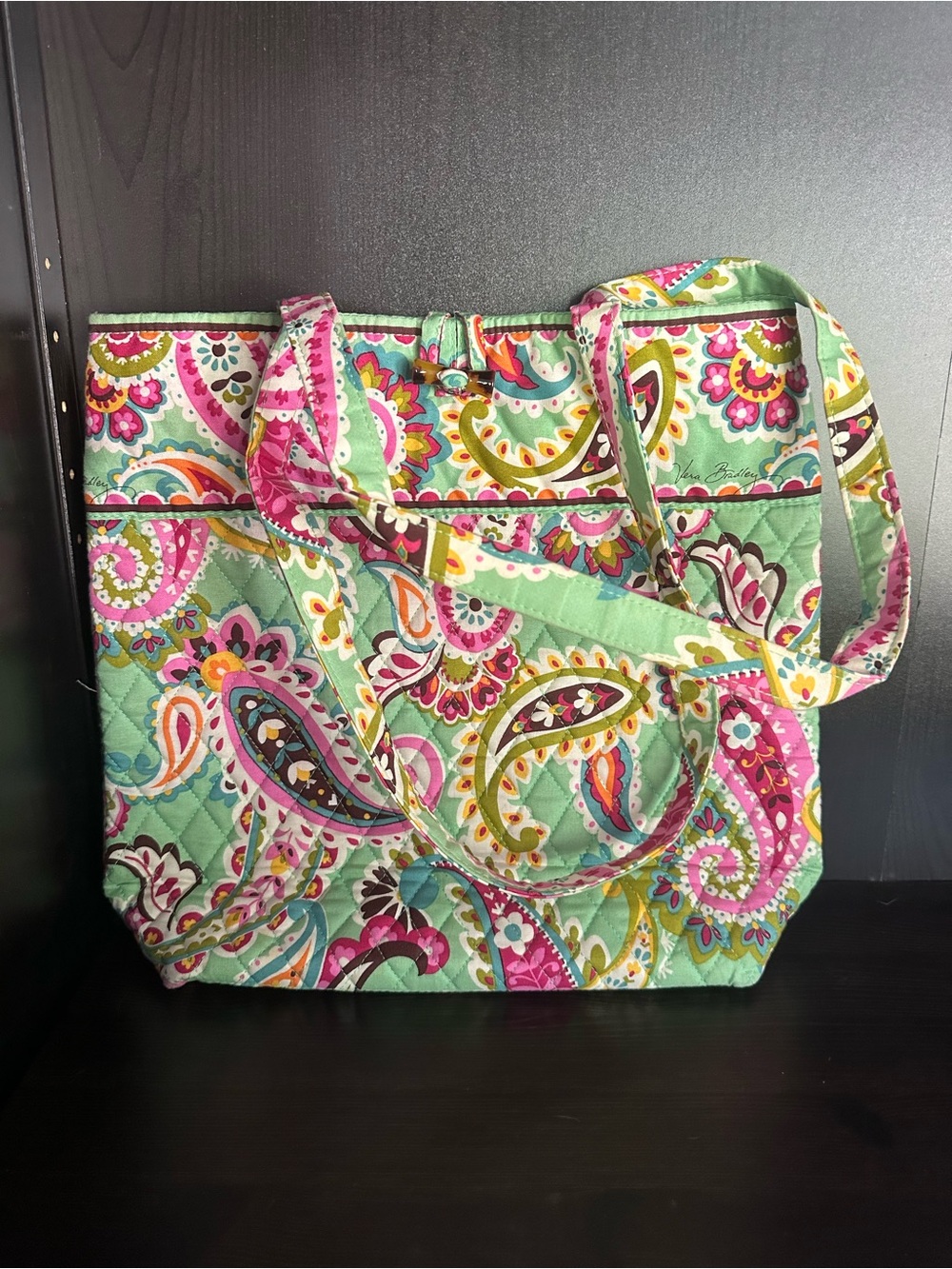 Vera Bradley Mint Paisley Quilted Shoulder Tote with Pink Accents